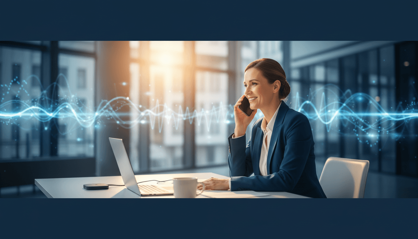 Business owner taking a call in a modern office with AI automation visualization
